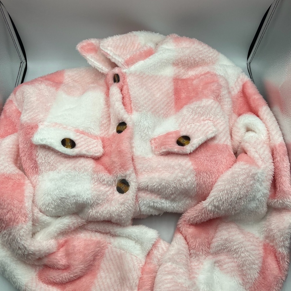Pink & White Plaid Sherpa Button-Down Shacket - Picture 2 of 4